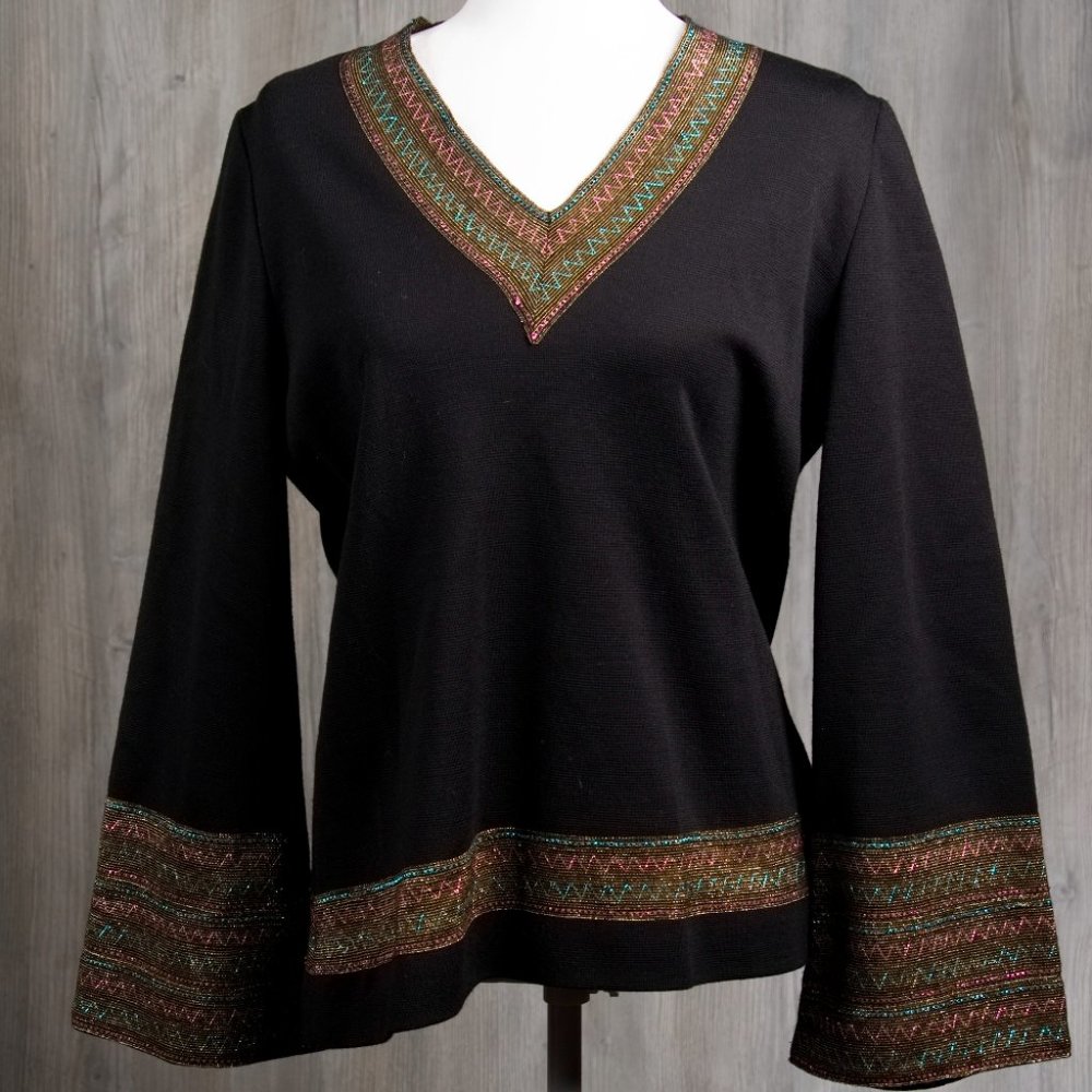 Vintage Black Retro Top Blouse V Neck Bell Sleeve Arbe Imports from Italy